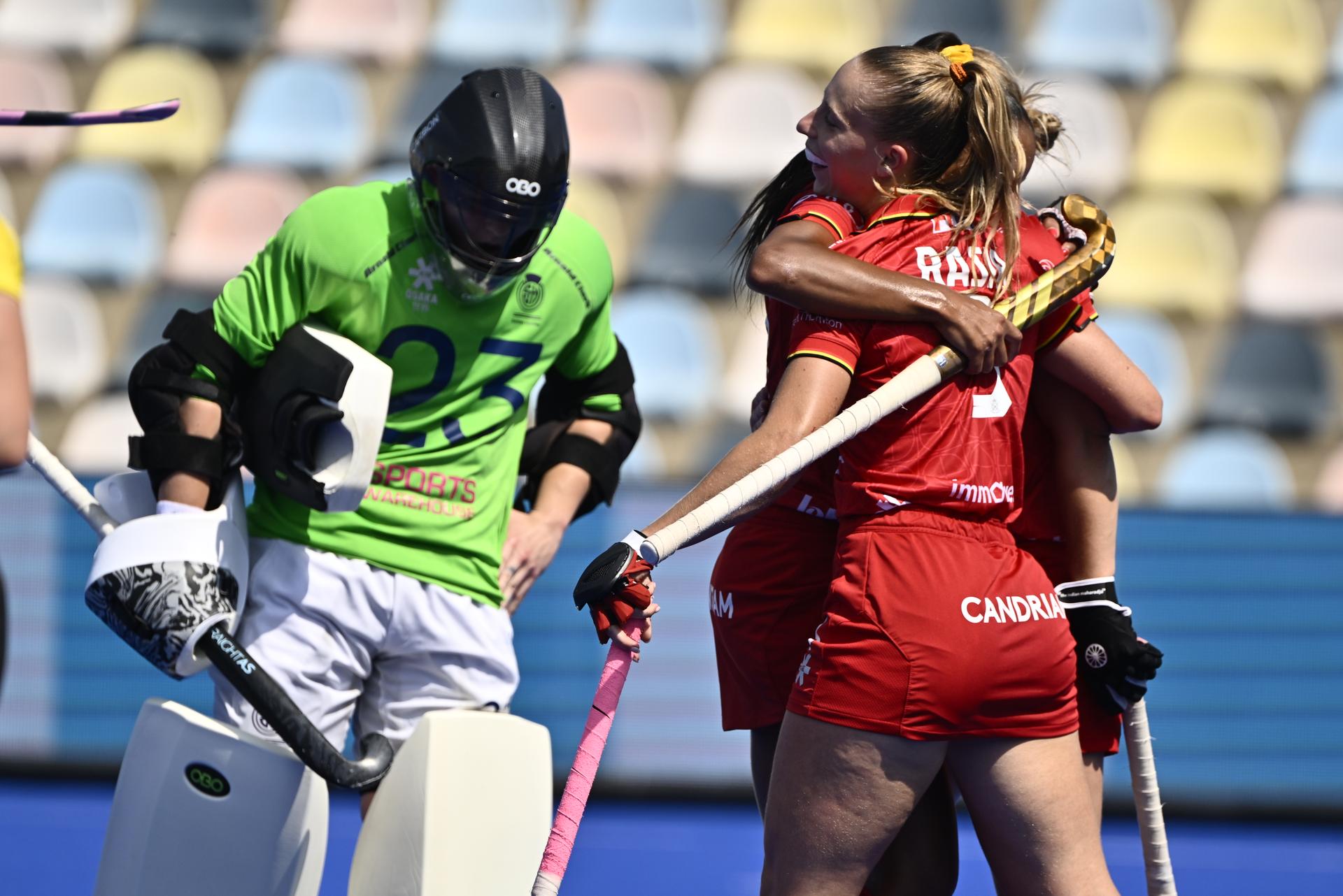 Belgium's Justine Rasir (R) celebrates during a hockey game between Scotland and the Belgian national team Red Panthers, match 3/3 in the pool stage of the 2025 women's European championships, Wednesday 13 August 2025 in Monchengladbach, Germany. BELGA PHOTO ERIC LALMAND