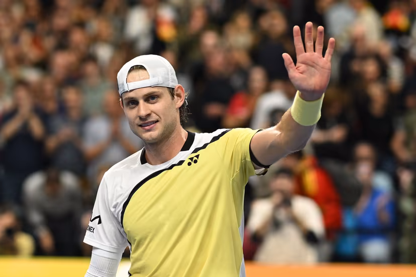 Zizou Bergs of Belgium celebrate after winning during the European Open ATP tennis tournament in Brussels, on 20 October. This year's edition of the tournament is taking place from 17 to 25 October BELGA PHOTO DAVID PINTENS
