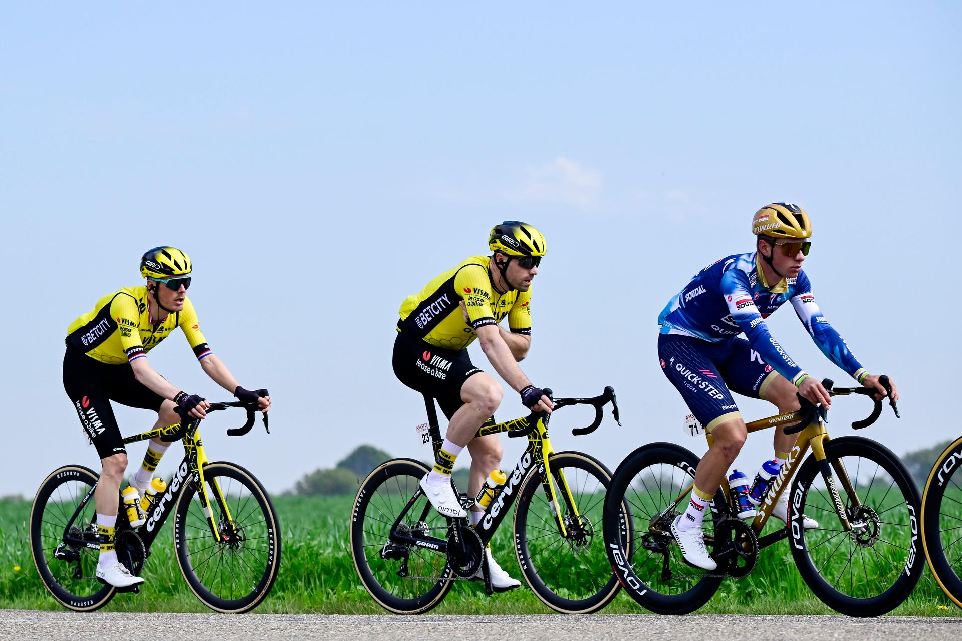 Dutch Dylan Van Baarle of Team Visma-Lease a Bike, British Daniel McLay of Team Visma-Lease a Bike and Belgian Remco Evenepoel of Soudal Quick-Step pictured in action during the men elite 'Amstel Gold Race' one day cycling race, 255,9 km from Maastricht to Valkenburg, The Netherlands, Sunday 20 April 2025. BELGA PHOTO DIRK WAEM