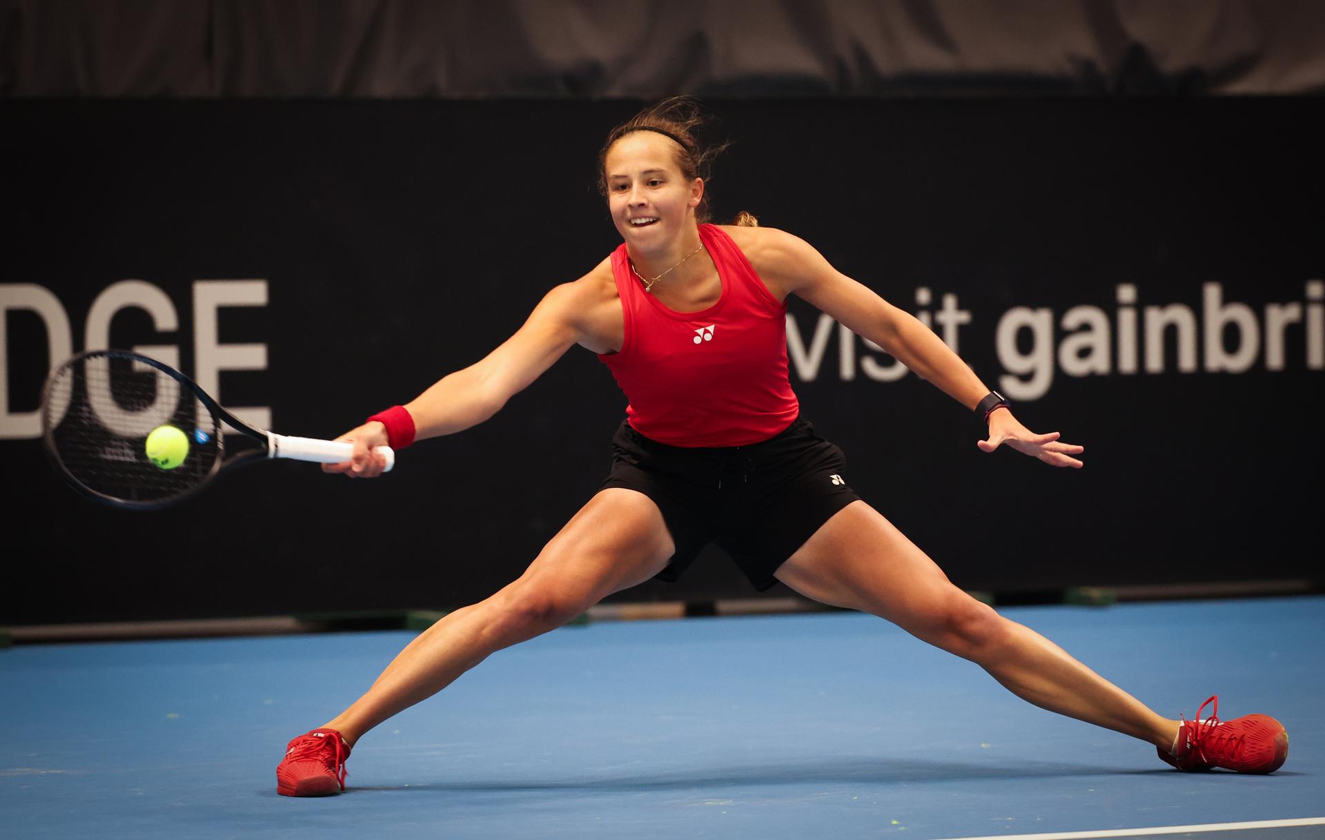 Belgian Hanne Vandewinkel pictured in action during a tennis match against Greek Grammatikopoulou, in the qualifiers of the Billie Jean King Cup tennis, in Vilnius, Lithuania on Tuesday 08 April 2025. PHOTO VIRGINIE LEFOUR