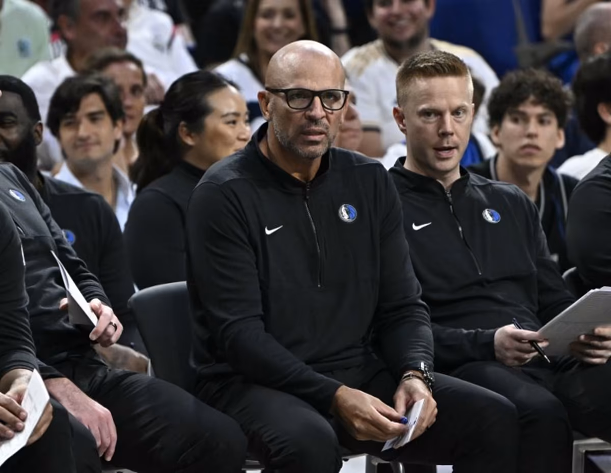 Dallas Mavericks' head coach Jason Kidd watches during the NBA Preseason game between the Dallas Mavericks and Real Madrid Baloncesto at the Wizink centre in Madrid on October 10, 2023. JAVIER SORIANO / AFP