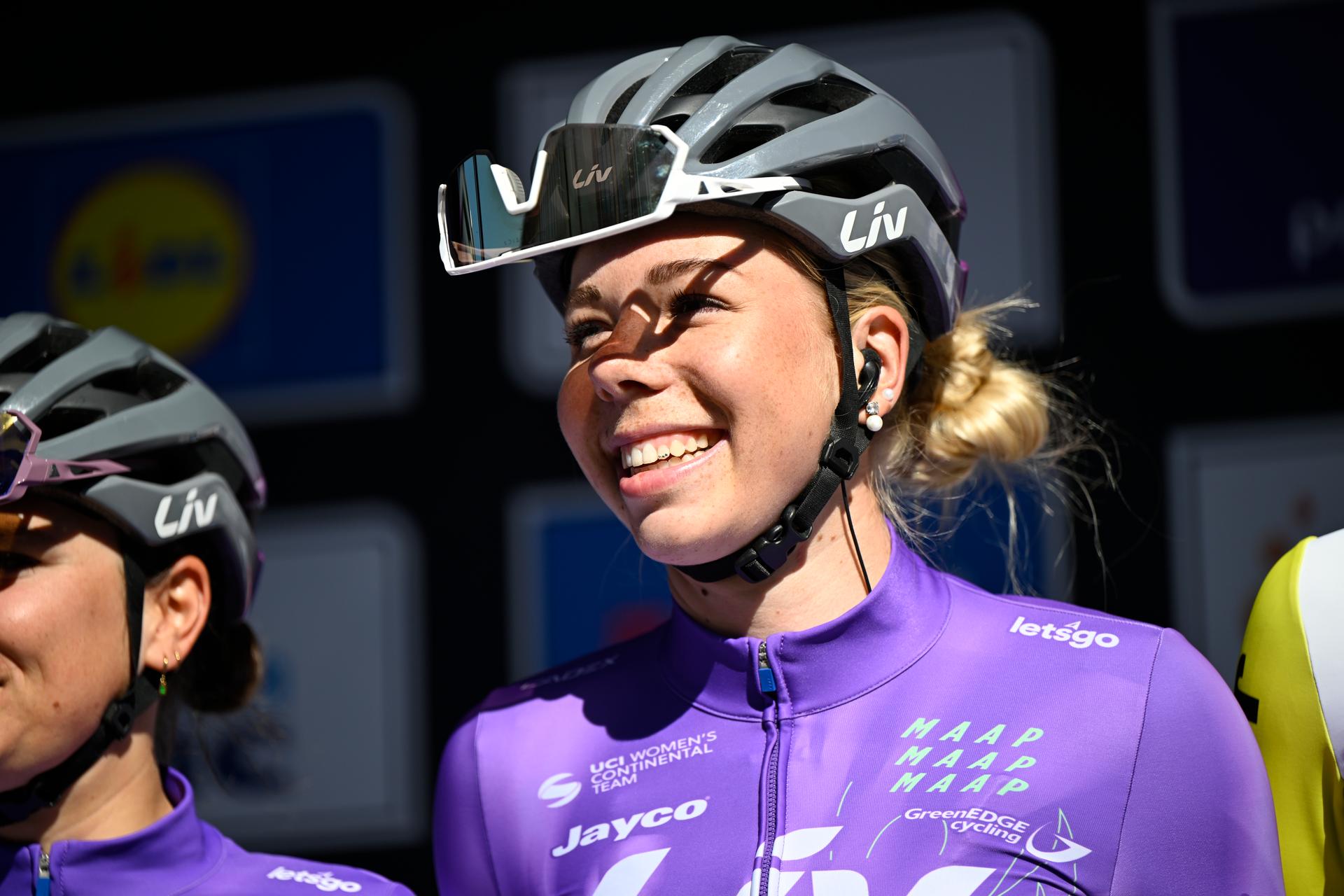 Belgian Helene Hesters of Liv AlUla Jayco pictured at the start of the women's race of the 'Scheldeprijs' one day cycling event, 130,3km from and to Schoten on Wednesday 08 April 2026. BELGA PHOTO TOM GOYVAERTS