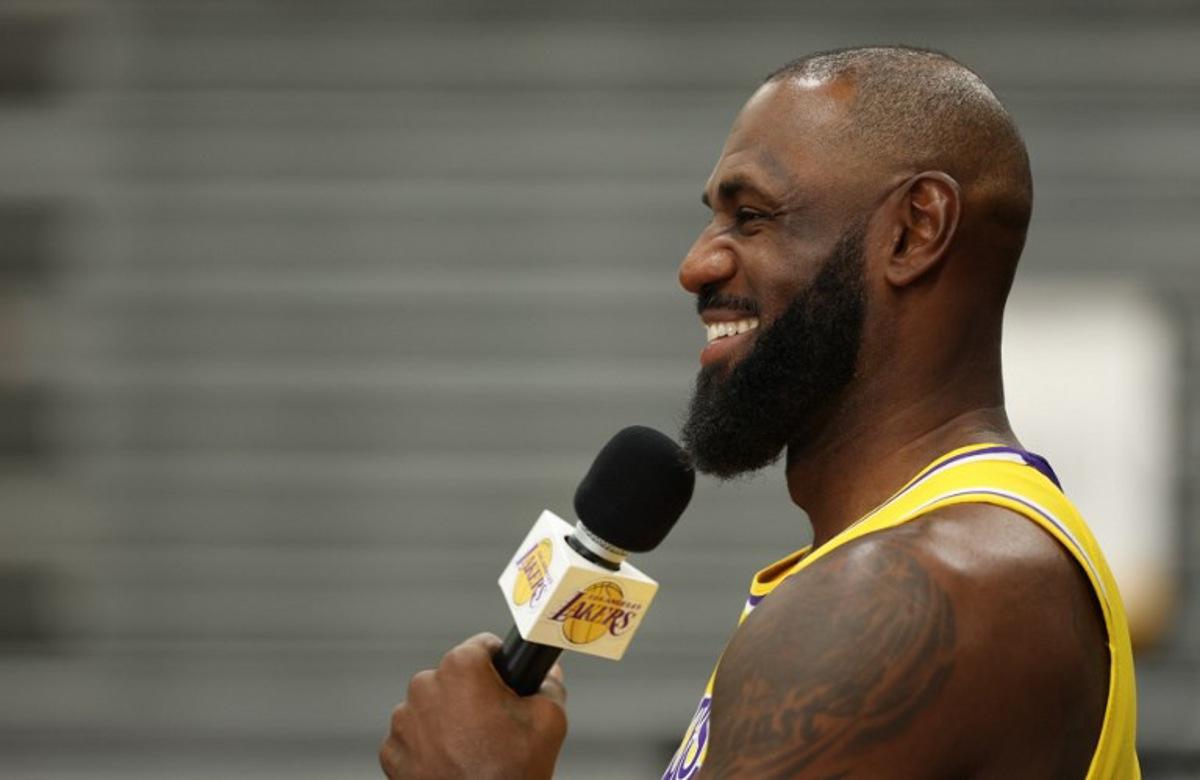 US basketball player LeBron James speaks to reporters during the Los Angeles Lakers media day at UCLA Health Training Center El Segundo, California on September 29, 2025. Patrick T. Fallon / AFP