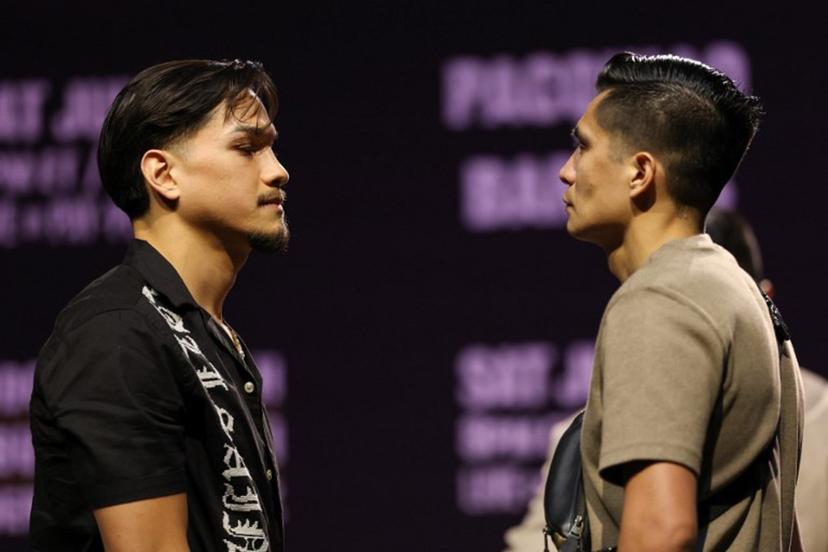 US boxers Brandon Figueroa (L) and Joet Gonzalez (R) face off during the press conference ahead of their July 19 WBC featherweight title fight at the NOVO at L.A. Live in Los Angeles on June 3, 2025. Patrick T. Fallon / AFP