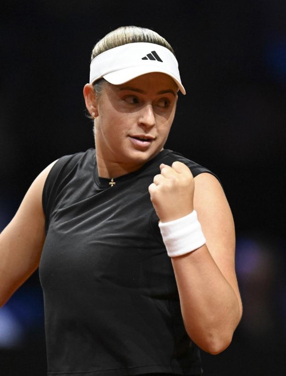 Latvia's Jelena Ostapenko reacts during the semi-final match against Russia's Ekaterina Alexandrova (unseen) at the Women's Tennis Grand Prix WTA tournament in Stuttgart, southwestern Germany, on April 20, 2025. THOMAS KIENZLE / AFP