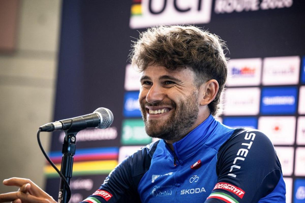 Second place finisher Filippo Ganna of Italy during a press conference after the Men's Elite individual time trial at the 2026 Union Cycliste Internationale (UCI) Road World Championships in Montreal, Quebec, on September 20, 2026. ANDREJ IVANOV / AFP