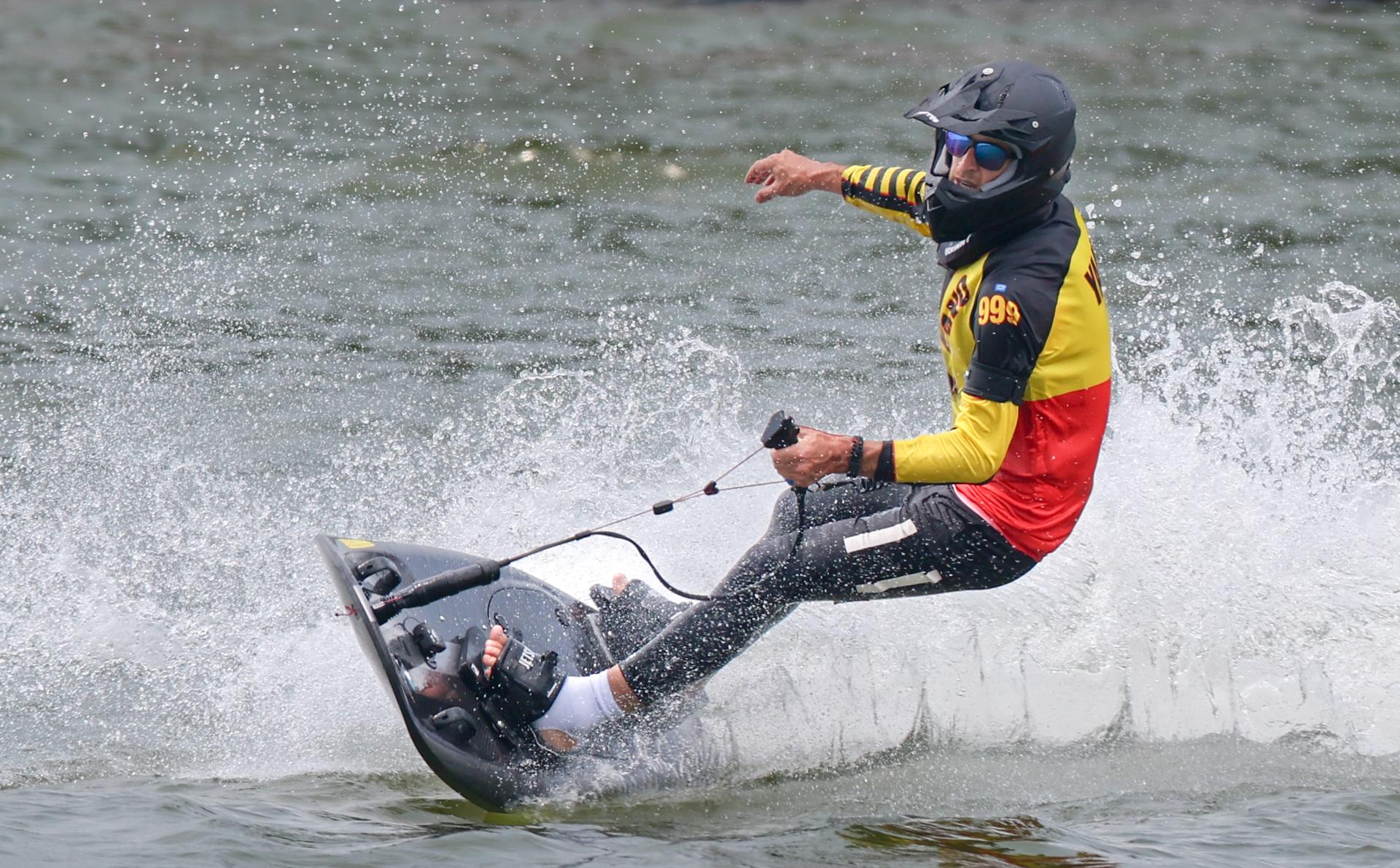 Belgian Yano Vankersbilck pictured during the single men Motosurf powerboating event at the 2025 World Games, in Chenghdu, China, on Friday 15 August 2025. This year, the World Games take place from 7 to 17 August. BELGA PHOTO VIRGINIE LEFOUR