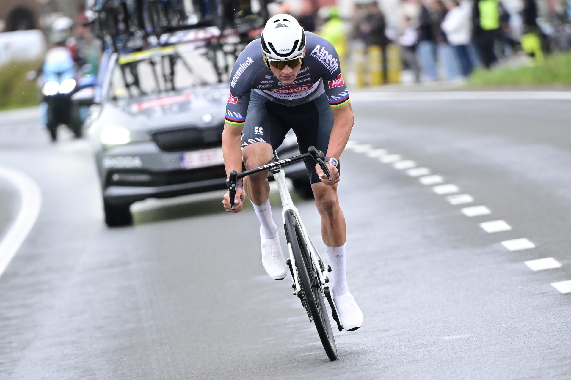 Dutch Mathieu van der Poel of Alpecin-Deceuninck pictured in action during the 'E3 Saxo Bank Classic' one day cycling race, 208,8 km from and to Harelbeke, on Friday 28 March 2025. BELGA PHOTO DIRK WAEM