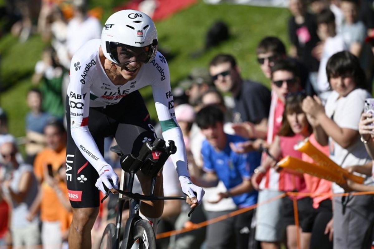 Team UAE's Mexican rider Isaac Del Toro competes in the first stage of the Basque Country's Itzulia cycling tour, a 13.8 km time trial in Bilbao on April 6, 2026. ANDER GILLENEA / AFP