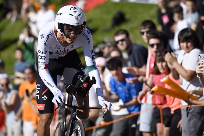 Team UAE's Mexican rider Isaac Del Toro competes in the first stage of the Basque Country's Itzulia cycling tour, a 13.8 km time trial in Bilbao on April 6, 2026. ANDER GILLENEA / AFP