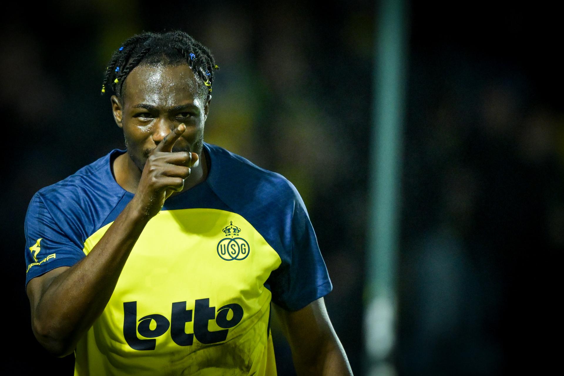 Union's Promise David celebrate after scoring during a soccer match between Royale Union Saint-Gilloise and Zulte Waregem, Saturday 20 December 2025 in Brussels, on day 19 of the 2025-2026 'Jupiler Pro League' first division of the Belgian championship. BELGA PHOTO DAVID PINTENS