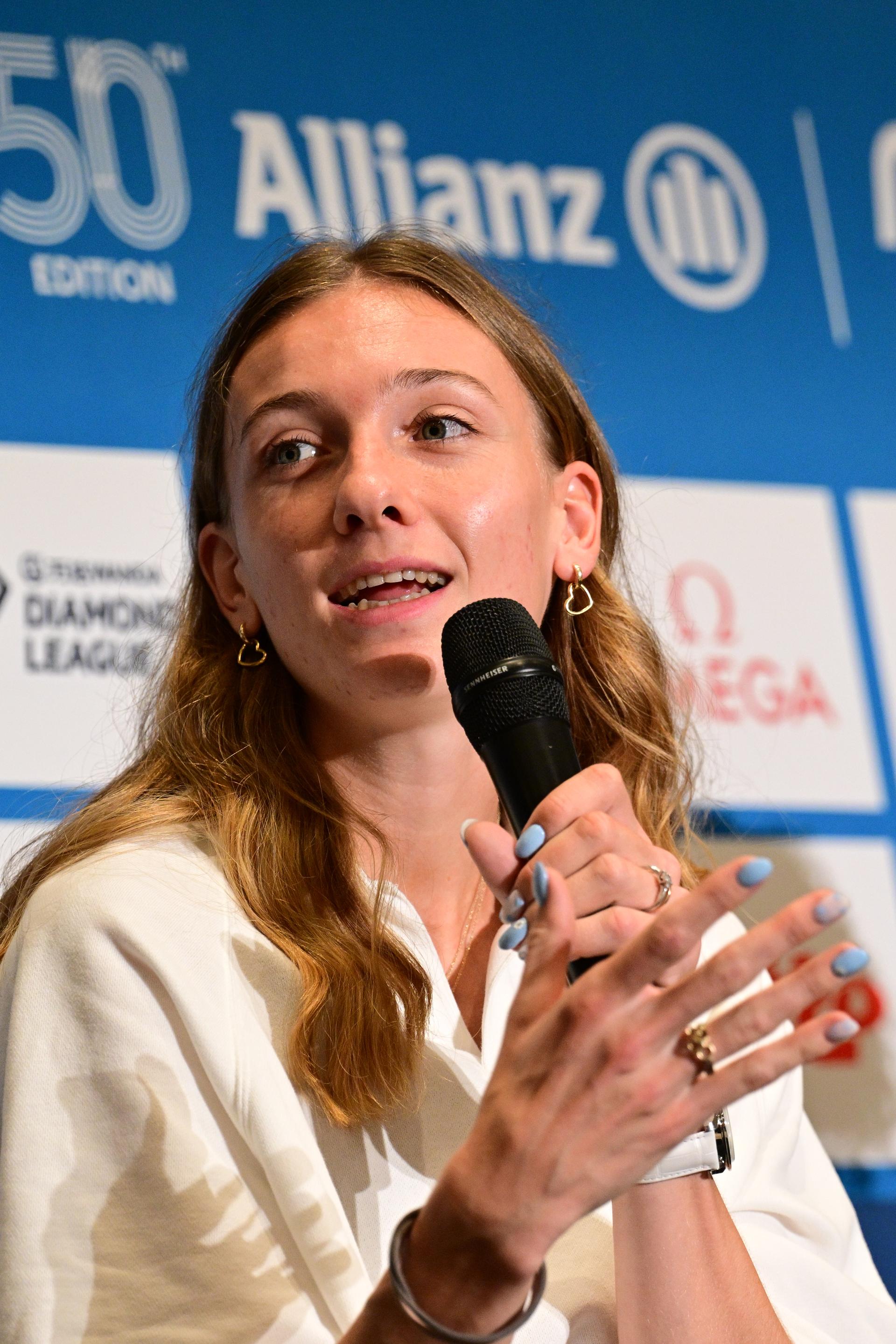 Dutch Femke Bol pictured at a press conference on the 50th edition of the Memorial Van Damme athletics event in Brussels, Thursday 3 September 2026. The 2026 Allianz Memorial Van Damme Diamond League meeting takes place on 4 and 5 September 2026. BELGA PHOTO DIRK WAEM