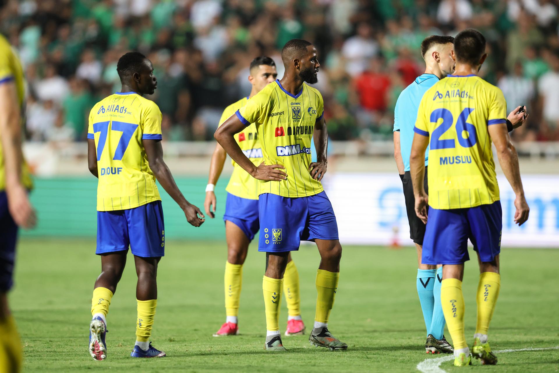 STVV's players look dejected during a soccer game between Cypriot AC Omonia Nicosia and Belgian soccer team Sint-Truidense V.V., Thursday 27 August 2026 in Nicosie, Cyprus, on the return leg of the play-off round for the UEFA Europa League league phase. STVV won the first leg 1-0. BELGA PHOTO BRUNO FAHY