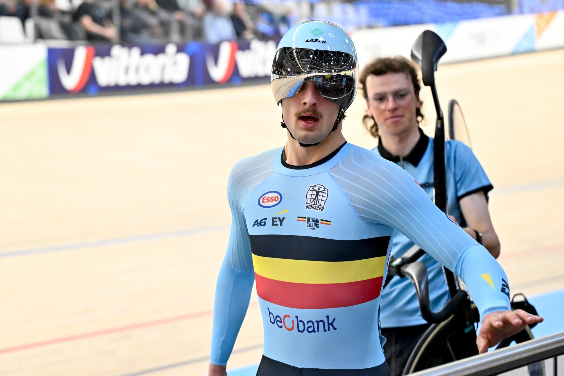 Belgian Lowie Nulens pictured during the men's Keirin repechages first round at the 2025 UEC Track Elite European Championships, in Heusden-Zolder, Belgium, Sunday 16 February 2025. The European Championships take place from 12 to 16 February. BELGA PHOTO DIRK WAEM