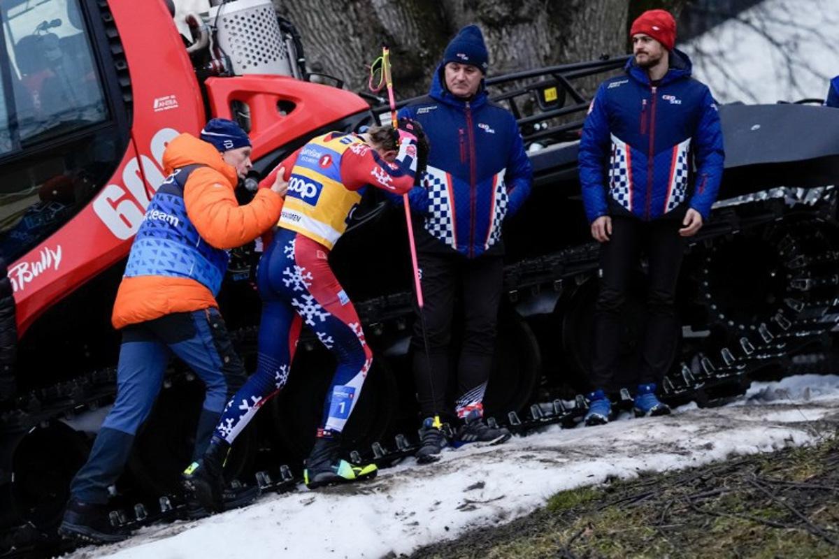 Johannes Hosflot Klaebo reacts after falling during the World Cup sprint cross-country race in Drammen, Norway on March 12, 2026. Lise Åserud / NTB / AFP