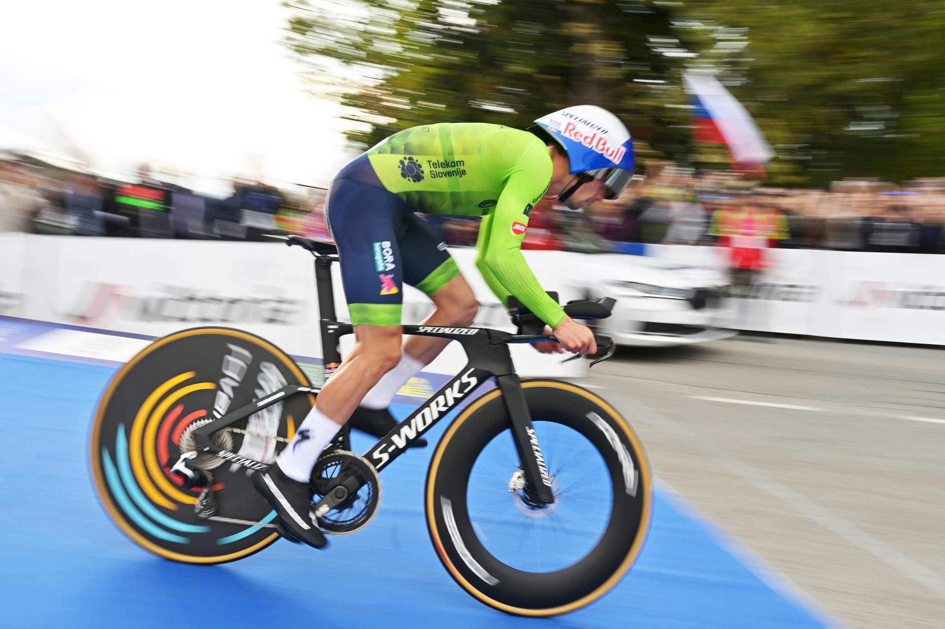 Slovenia's Primoz Roglic pictured at the start of the Men Elite Individual Time Trial race (22km) at the cycling UEC Road European Championships, in Ljubljana, Slovenia, on Wednesday 7 October 2026. The UEC Road European Championships are taking place from 02 to 07 October in Ljubljana, Slovenia. BELGA PHOTO DAVID PINTENS