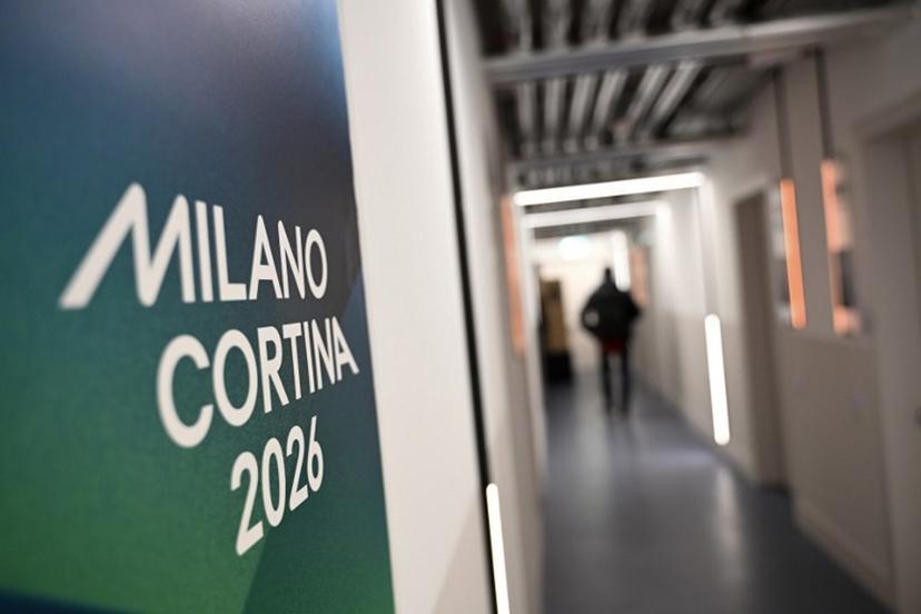 A logo is seen in the Team Italy quarters of the Olympic Village ahead of the Milano Cortina 2026 Winter Olympics in Milan on February 3, 2026. PIERO CRUCIATTI / AFP