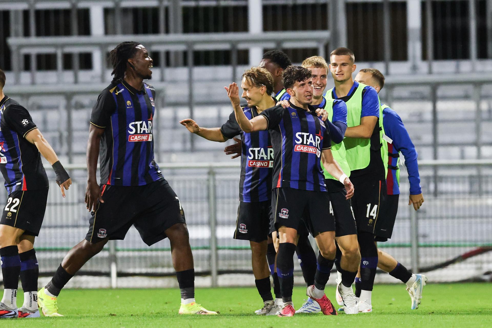 Dender's Amine Daali celebrates after scoring during a soccer match between FCV Dender EH and RFC Seraing, Friday 4 September 2026 in Denderleeuw, on day 4 of the 2026-2027 'Challenger Pro League' 1B second division of the Belgian championship. BELGA PHOTO BRUNO FAHY