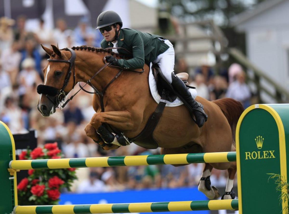 Ireland's Shane Sweetnam competes on the horse "Coriaan Van Klapscheut Z" during the Falsterbo Nations Cup 2026 international show jumping event as part of the Falsterbo Horse Show in Falsterbo, Sweden, on July 10, 2026. Andreas HILLERGREN / TT News Agency / AFP