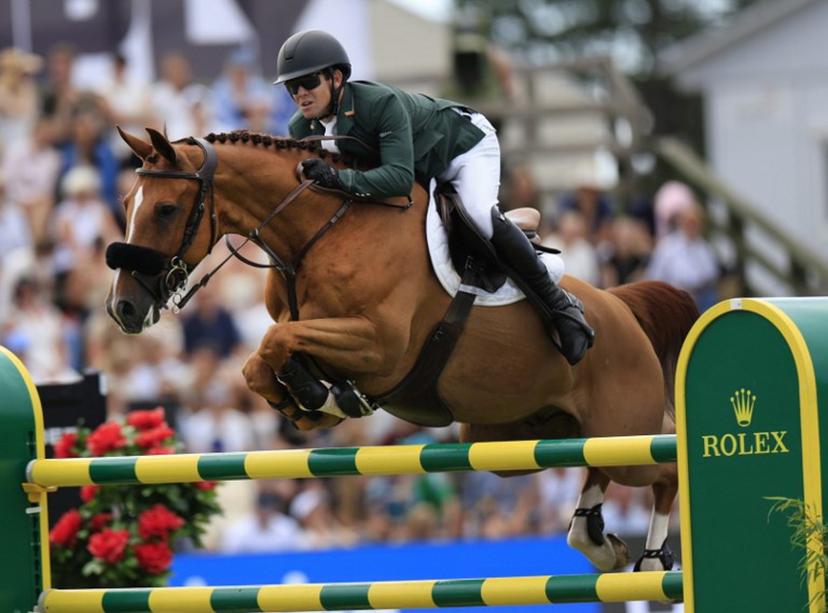 Ireland's Shane Sweetnam competes on the horse "Coriaan Van Klapscheut Z" during the Falsterbo Nations Cup 2026 international show jumping event as part of the Falsterbo Horse Show in Falsterbo, Sweden, on July 10, 2026. Andreas HILLERGREN / TT News Agency / AFP