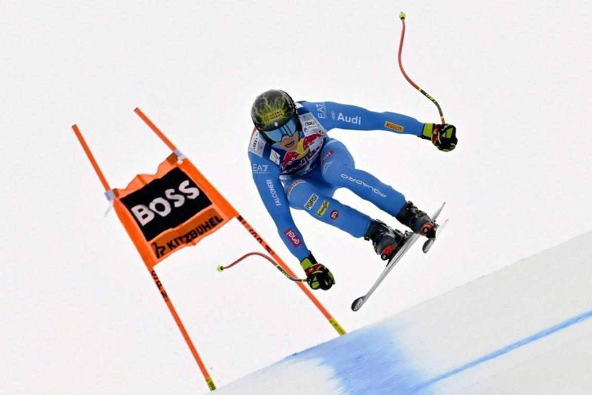 Italy's Giovanni Franzoni competes during the Men's Downhill event of the FIS Alpine Skiing World Cup in Kitzbuhel, Austria, on January 24, 2026. HANS KLAUS TECHT / APA / AFP