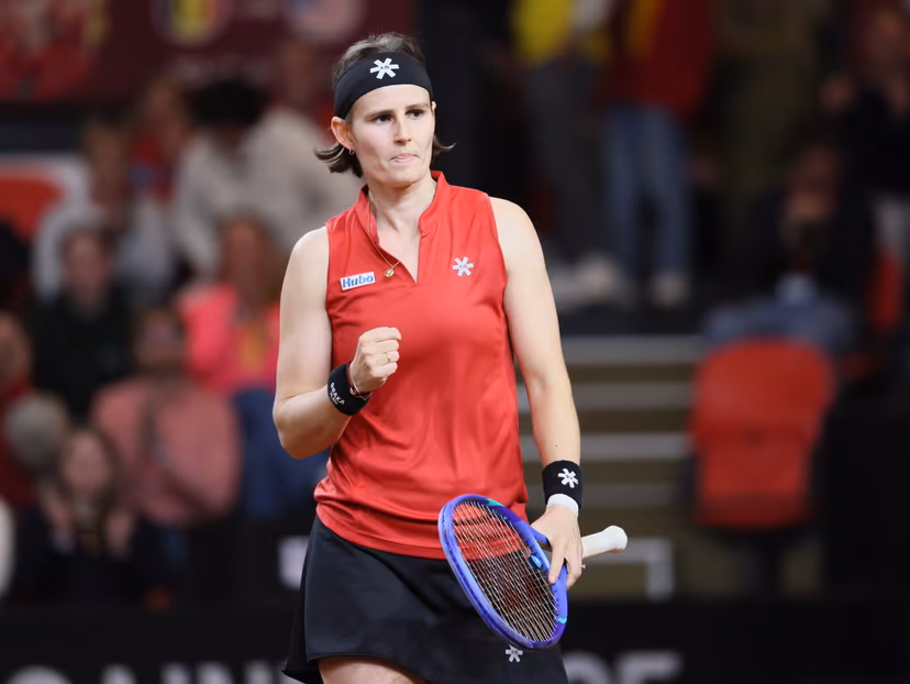 Belgian Greet Minnen pictured during the fourth game between Belgian Minnen and US' Jovic on the second day of the qualifiers of the Billie Jean King Cup tennis between Belgium and the USA, in Oostende, Belgium, on Saturday 11 April 2026. The meeting takes place on 10 and 11th April. PHOTO BENOIT DOPPAGNE