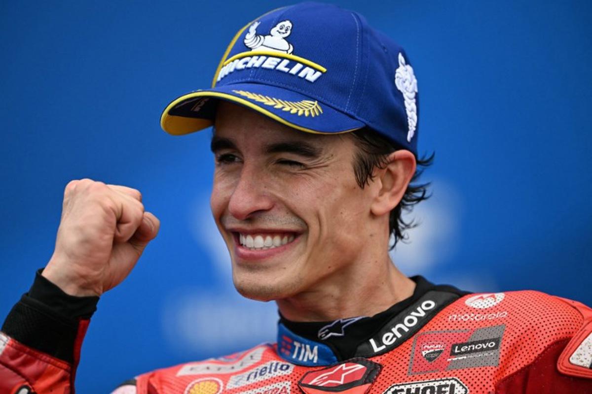 Ducati Lenovo's Spanish rider Marc Marquez celebrates after winning the MotoGP Argentina Grand Prix race at the Termas de Rio Hondo circuit in Santiago del Estero, Argentina on March 16, 2025. Luis ROBAYO / AFP