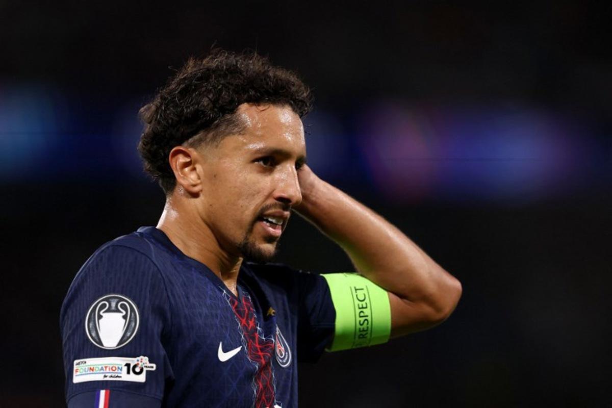 Paris Saint-Germain's Brazilian defender #05 Marquinhos reacts during the UEFA Champions League first round day 1 football match between Paris Saint-Germain (FRA) and Atalanta (ITA) at the Parc des Princes stadium in Paris on September 17, 2025. FRANCK FIFE / AFP