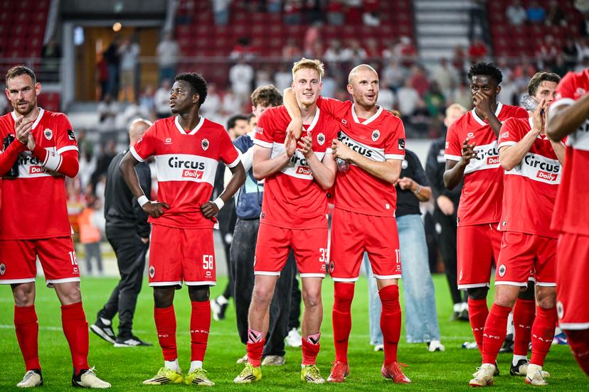 Antwerp's Zeno Van Den Bosch and Antwerp's Geoffry Hairemans celebrate after winning a soccer match between Royal Antwerp FC and KVC Westerlo, Saturday 23 May 2026 in Antwerp, on the last day of the Europe Play-offs (PO2) of the 2025-2026 'Jupiler Pro League' first division of the Belgian championship. BELGA PHOTO TOM GOYVAERTS