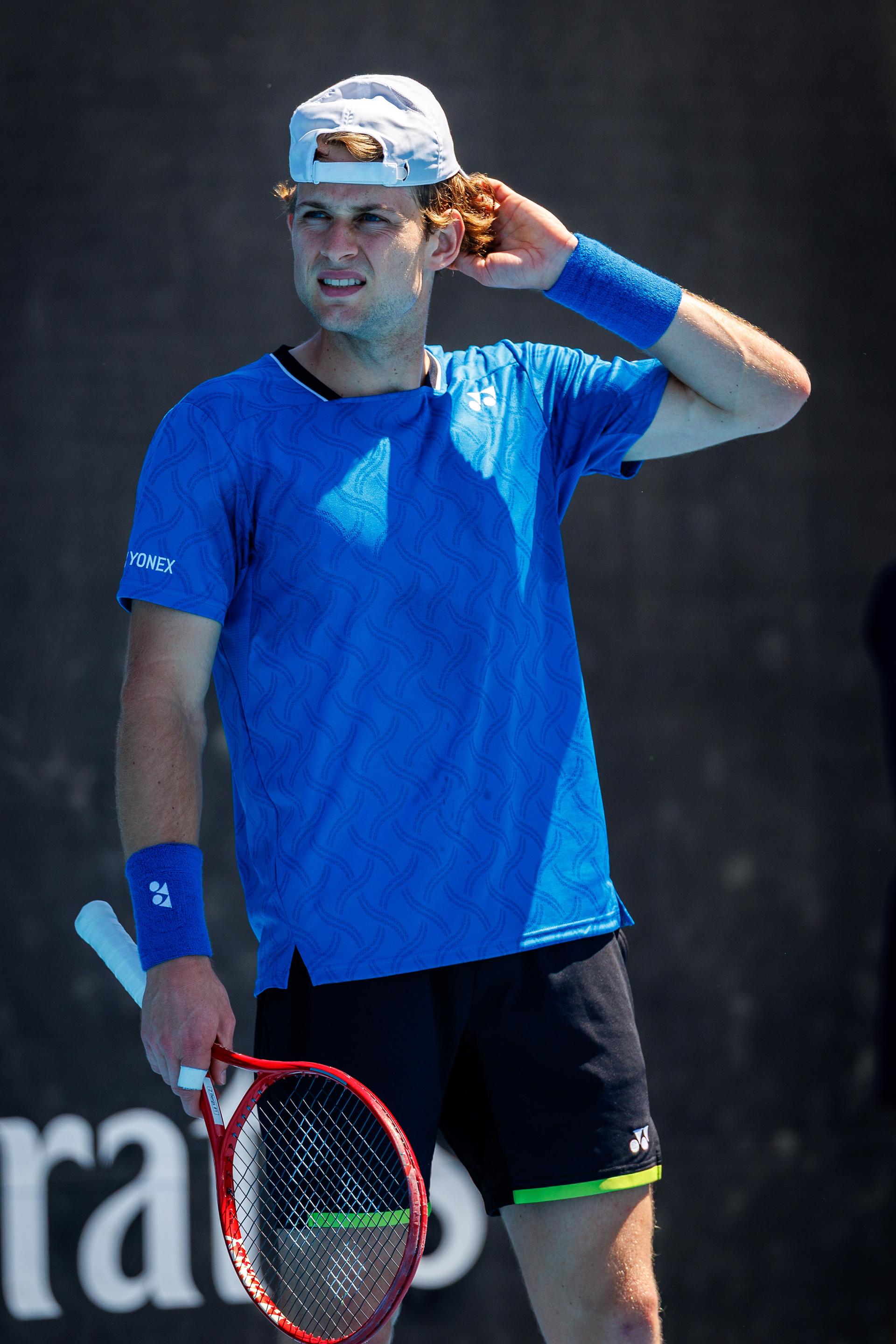 Belgian Zizou Bergs pictured during a first round match of Belgium's Bergs/Collignon against Australia's pair McCabe/Tu in the men doubles at the Australian Open, Melbourne Park, Melbourne on Wednesday 21 January 2026. McCabe/Tu won the game. BELGA PHOTO PATRICK HAMILTON --- BENELUX ONLY ---