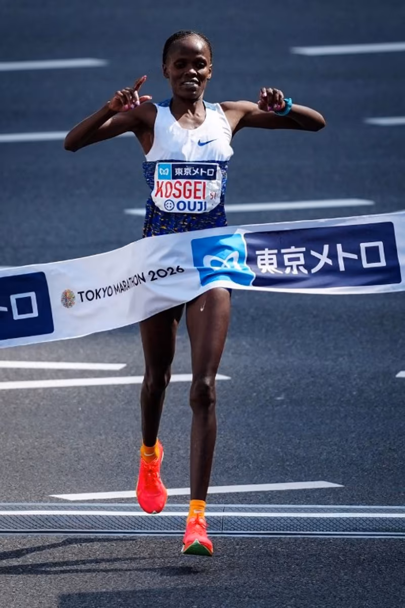 Kenya's Brigid Kosgei finishes in first place in the women's category of the Tokyo Marathon in downtown Tokyo on March 1, 2026. JIA HAOCHENG / POOL / AFP