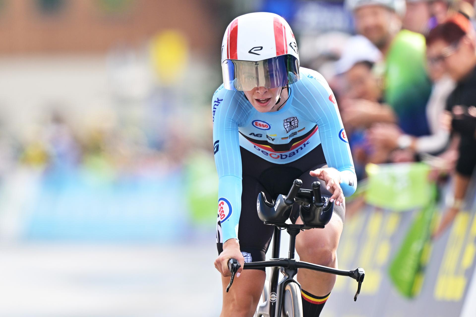 Belgium's Sandrine Tas crosses the finish line of the Women Elite Individual Time Trial race (22km) at the cycling UEC Road European Championships, in Ljubljana, Slovenia, on Wednesday 7 October 2026. The UEC Road European Championships are taking place from 02 to 07 October in Ljubljana, Slovenia. BELGA PHOTO DAVID PINTENS