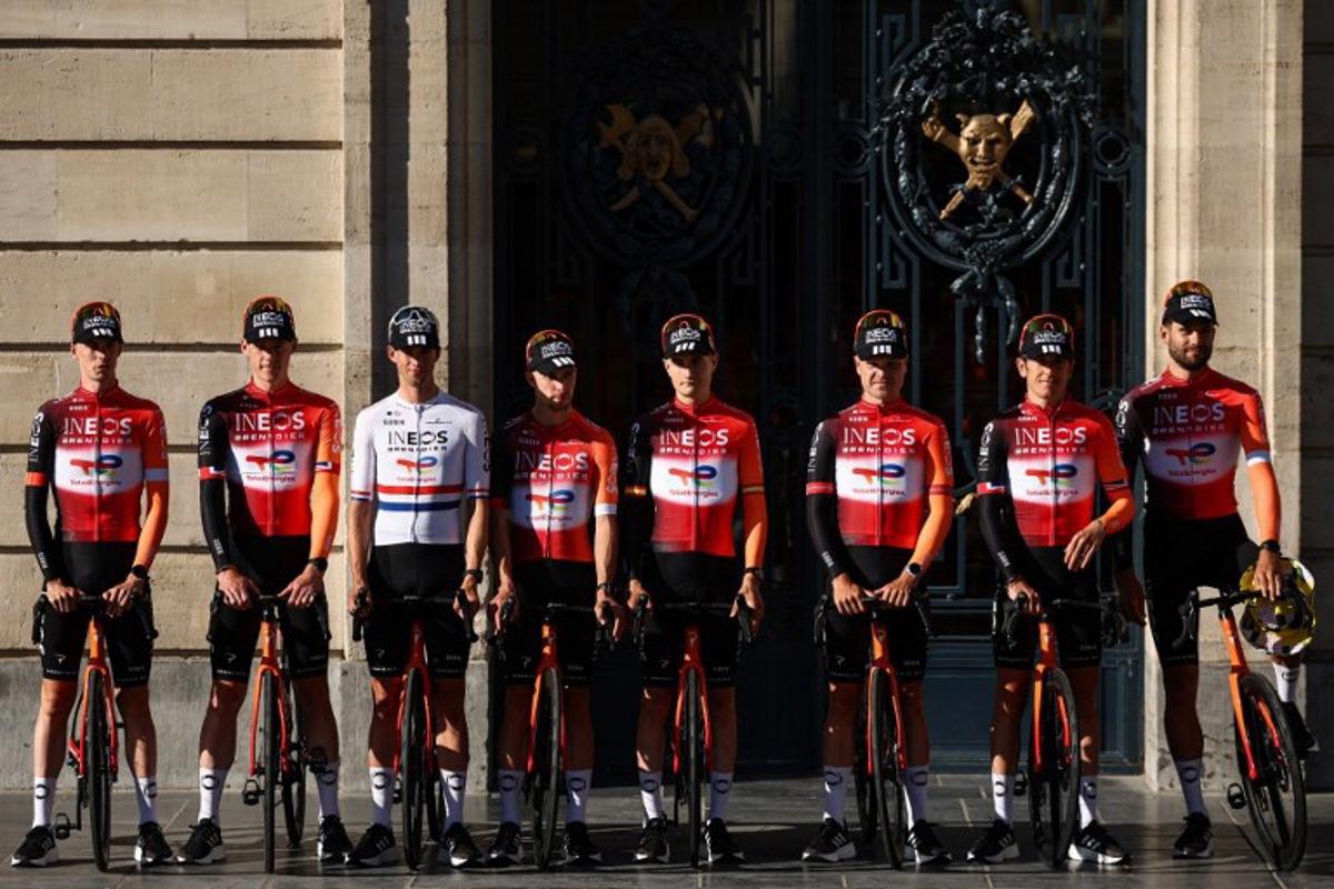 (From L) INEOS Grenadiers team's British rider Samuel Watson, INEOS Grenadiers team's British rider Connor Swift, INEOS Grenadiers team's Dutch rider Thymen Arensman, INEOS Grenadiers team's French rider Axel Laurance, INEOS Grenadiers team's Spanish rider Carlos Rodriguez, INEOS Grenadiers team's Norwegian rider Tobias Foss, INEOS Grenadiers team's British rider Geraint Thomas and INEOS Grenadiers team's Italian rider Filippo Ganna pose during the official teams presentation days prior to the start of the 112th edition of the Tour de France cycling race, in Lille, northern France, on July 3, 2025. Anne-Christine POUJOULAT / AFP