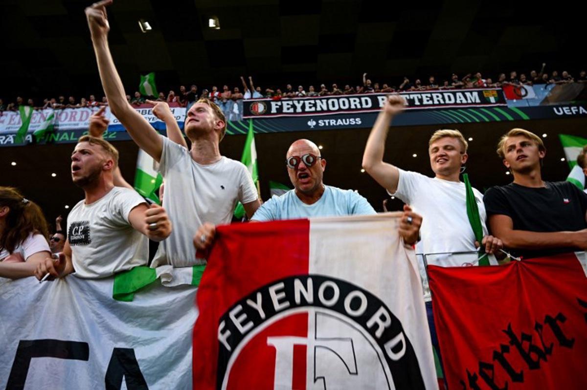 Feyenoord fans cheer prior to the UEFA Europa Conference League final football match between AS Roma and Feyenoord at the Air Albania Stadium in Tirana on May 25, 2022. OZAN KOSE / AFP