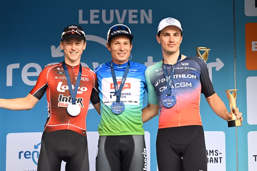 Italian Luca Mozzato ; Belgian Jasper Philipsen, and Belgian Arnaud De Lie pictured on the podium after the fifth and last stage of the 'Renewi Tour' multi-stage cycling race, from and to Leuven (183,7 km) on Sunday 23 August 2026. The five-day race takes place from 19 to 23/08. BELGA PHOTO DAVID PINTENS