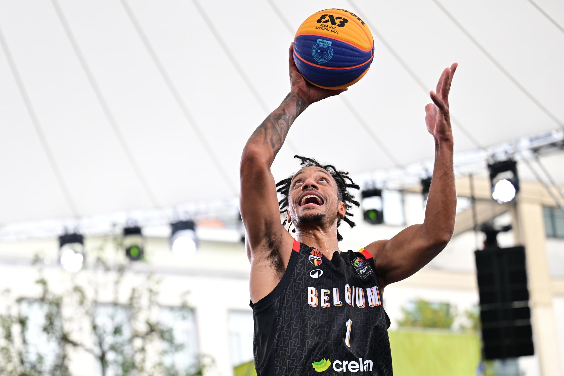 Belgium's Dennis Donkor and +pictured during a 3x3 basketball game between Latvia and Belgium, a quarter-finals game the men's FIBA 3x3 Europe Cup, on Sunday 13 September 2026 in Antwerp. BELGA PHOTO DIRK WAEM