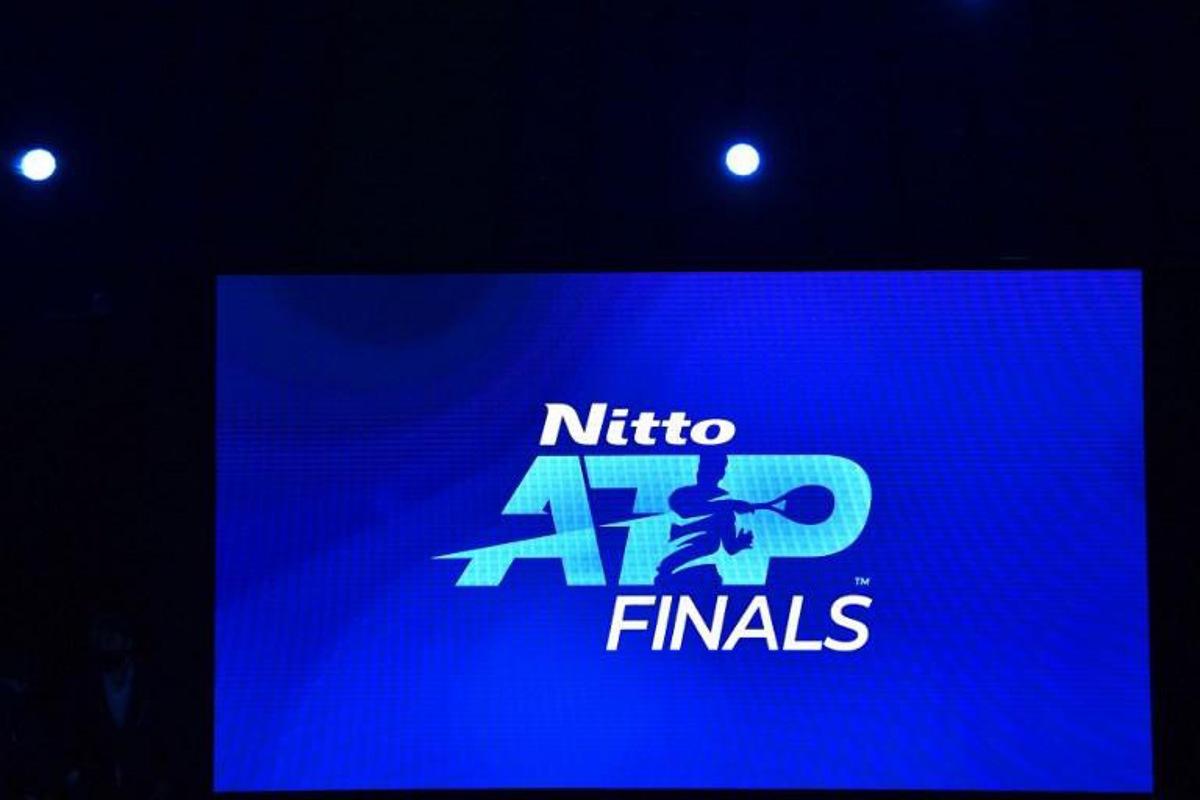 The big screen shows the logo for the Nitto ATP Finals as final preparations take place ahead of play on day one of the ATP World Tour Finals tennis tournament at the O2 Arena in London on November 15, 2020. Glyn KIRK / AFP
