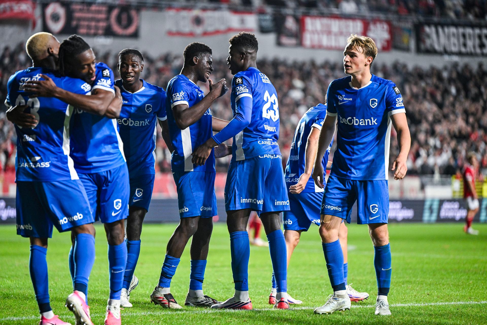 Genk's Aaron Bibout Banind celebrates after scoring during a soccer match between Royal Antwerp FC and KRC Genk, Saturday 22 August 2026 in Antwerp, on day 3 of the 2026-2027 'Jupiler Pro League' first division of the Belgian championship. BELGA PHOTO TOM GOYVAERT