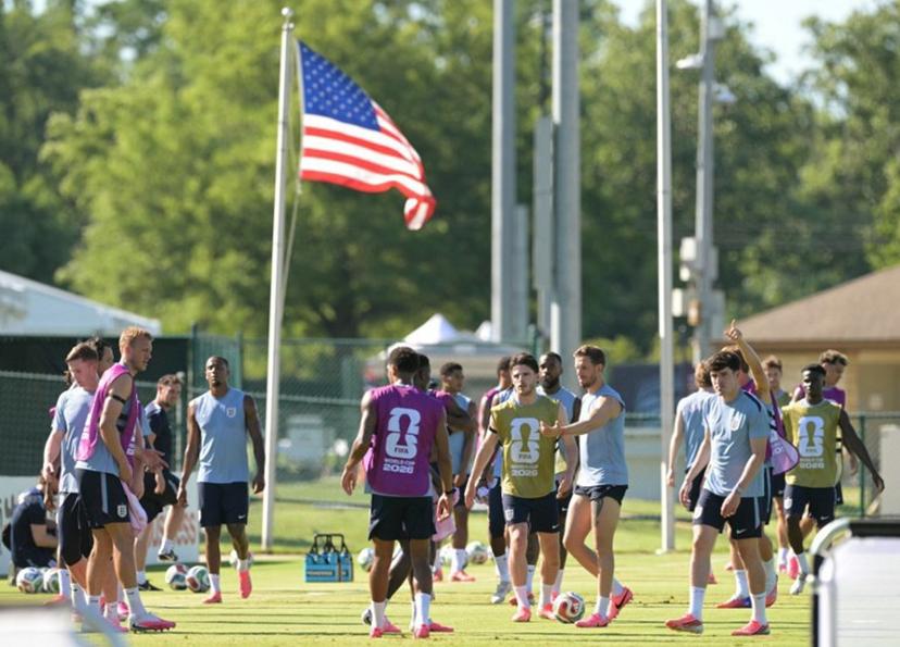England players attend a training session ahead of England's 2026 World Cup football tournament Group L football match against Croatia at Swope Soccer Village in Kansas City on June 13, 2026. JUAN MABROMATA / AFP