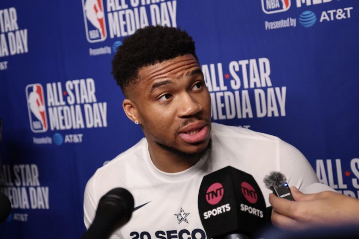 Greek basketball player Giannis Antetokounmpo of the Milwaukee Bucks speaks to the media during the NBA All-Star media day at the Intuit Dome in Los Angeles, on February 14, 2026. Patrick T. Fallon / AFP