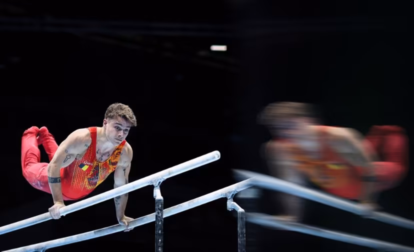 Belgium's Victor Martinez performs on the parallel bars during the Men's all around final of the Men's and Women's Artistic Gymnastics European Championships in Leipzig, eastern Germany on May 29, 2025. Ronny HARTMANN / afp