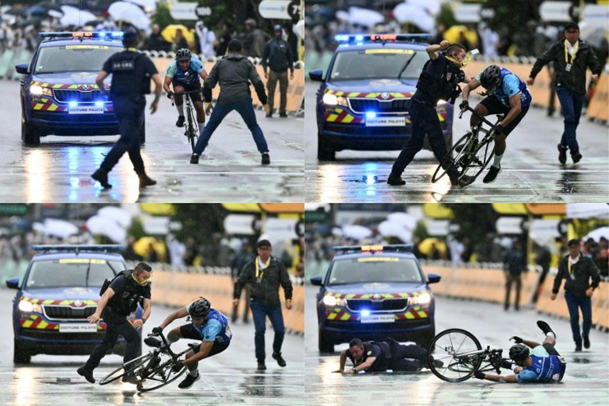 (COMBO) This combination of pictures created on July 23, 2025 shows a French Republican Security Corps (CRS - Compagnies Republicaines de Securite) officer and a Tour de France staff member intercepting an individual who attempts to cycle across the finish line minutes before the final sprint of the 112th edition of the Tour de France cycling race, 160.4 km between Bollene and Valence, southern France. Marco BERTORELLO / AFP