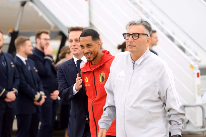 Chief Football Operations Pierre Locht, Belgium's Youri Tielemans and Belgium's spokesman David Steegen pictured at the departure of Belgian national soccer team the Red Devils from Brussels Airport, Monday 08 June 2026, in Zaventem. The Red Devils fly to their base camp in Seattle for the FIFA World Cup 2026 which is held in the United States, Canada and Mexico. BELGA PHOTO BRUNO FAHY