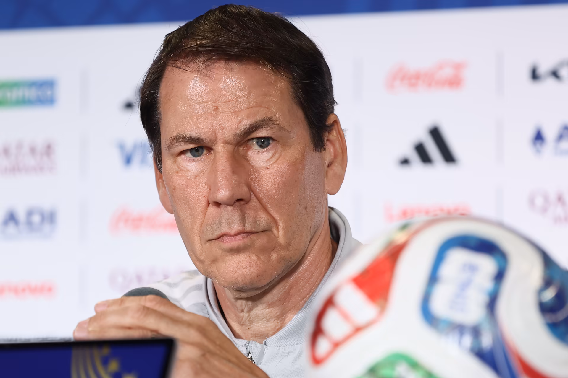 Belgium's head coach Rudi Garcia pictured during a press conference of Belgian national soccer team Red Devils, on Sunday 05 July 2026 in Lumen Field stadium in Seattle, USA. The Rode Duivels - Diables Rouges qualified for the knockout stage of the 2026 FIFA World Cup, where they'll meet USA in the round of 16 on July 6th. BELGA PHOTO BRUNO FAHY
