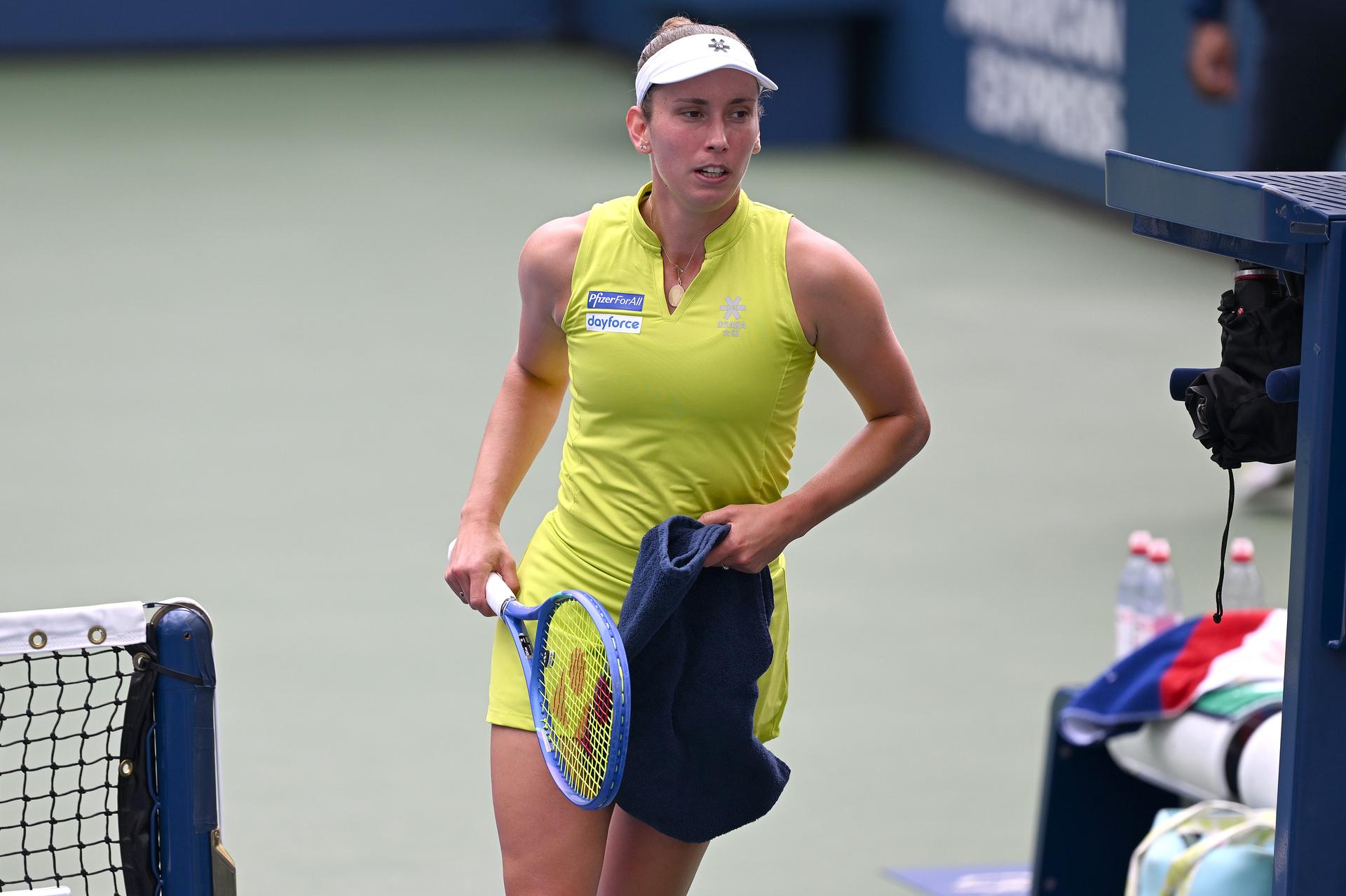 Belgian Elise Mertens pictured in action during a tennis match against Spanish Bucsa, in the third round of the women's singles of the 2025 US Open Grand Slam tennis tournament in New York City, USA, Friday 29 August 2025. BELGA PHOTO TONY BEHAR