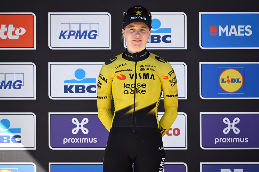 Dutch Nienke Veenhoven of Team Visma-Lease a Bike pictured on the podium after the women's race of the 'Scheldeprijs' one day cycling event, 130,3km from and to Schoten on Wednesday 08 April 2026. BELGA PHOTO TOM GOYVAERTS