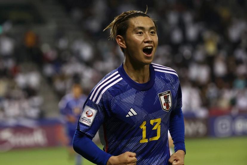 Japan's forward Ryotaro Araki celebrates scoring his team's second goal during the U23 AFC Qatar 2024 Asian Cup semi-final match between Japan and Iraq at Jassim Bin Hamad Stadium in Doha on April 29, 2024. KARIM JAAFAR / AFP