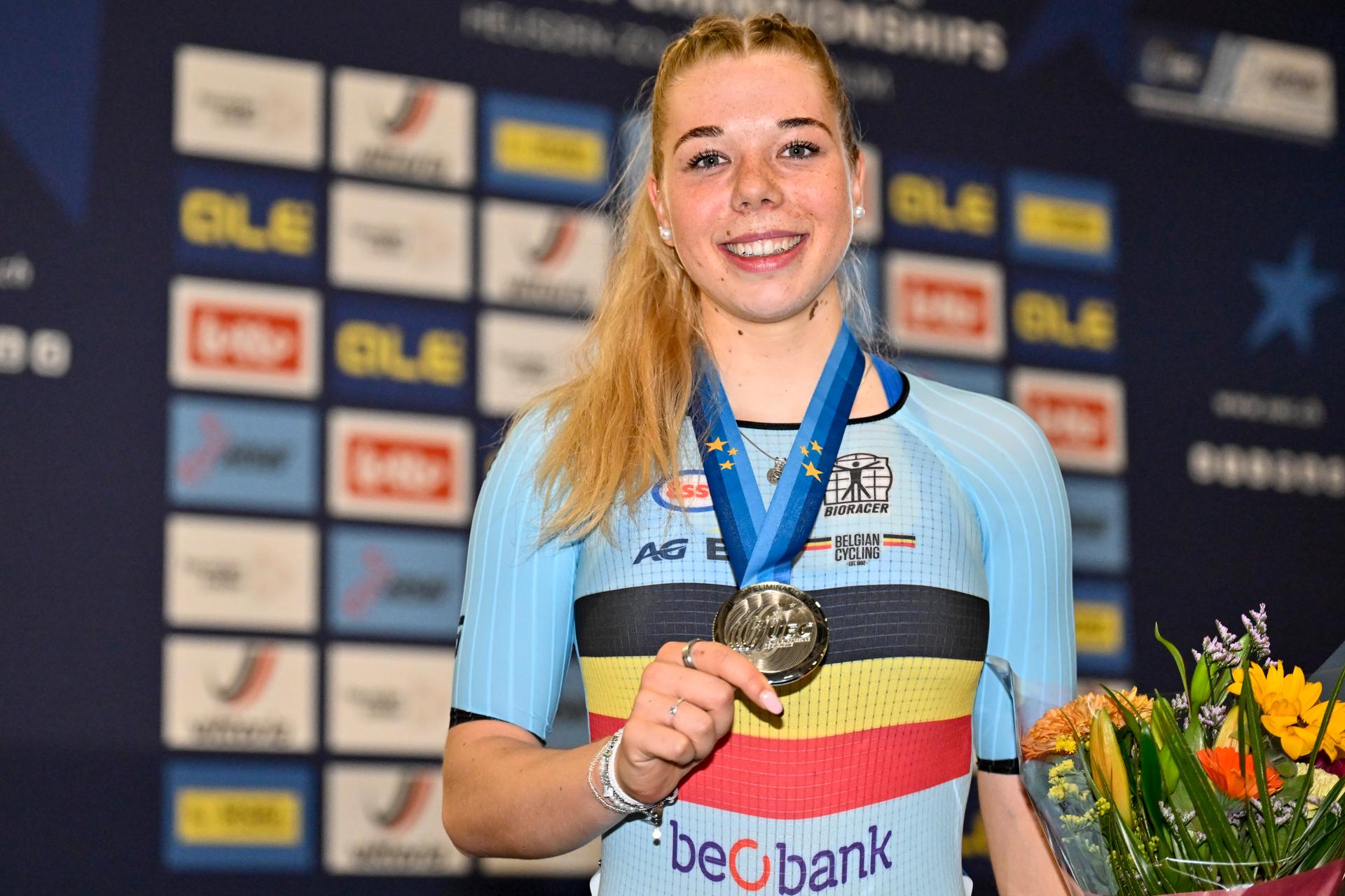 Belgian Helene Hesters, winner of the silver medal pictured on the podium of the 2025 UEC Track Elite European Championships, in Heusden-Zolder, Belgium, Thursday 13 February 2025. The European Championships take place from 12 to 16 February. BELGA PHOTO DIRK WAEM