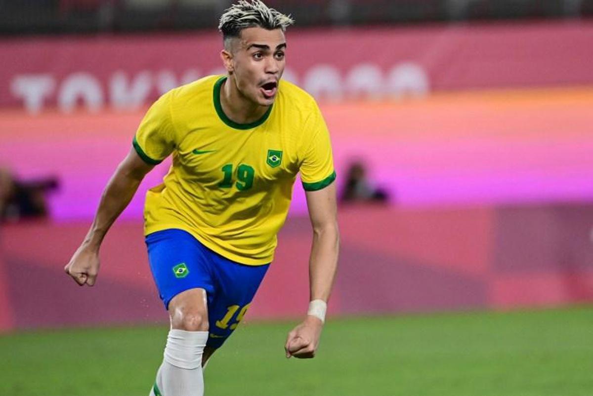 Brazil's midfielder Reinier celebrates after scoring his penalty during the Tokyo 2020 Olympic Games men's semi-final football match between Mexico and Brazil at Ibaraki Kashima Stadium in Kashima city, Ibaraki prefecture on August 3, 2021. PEDRO PARDO / AFP