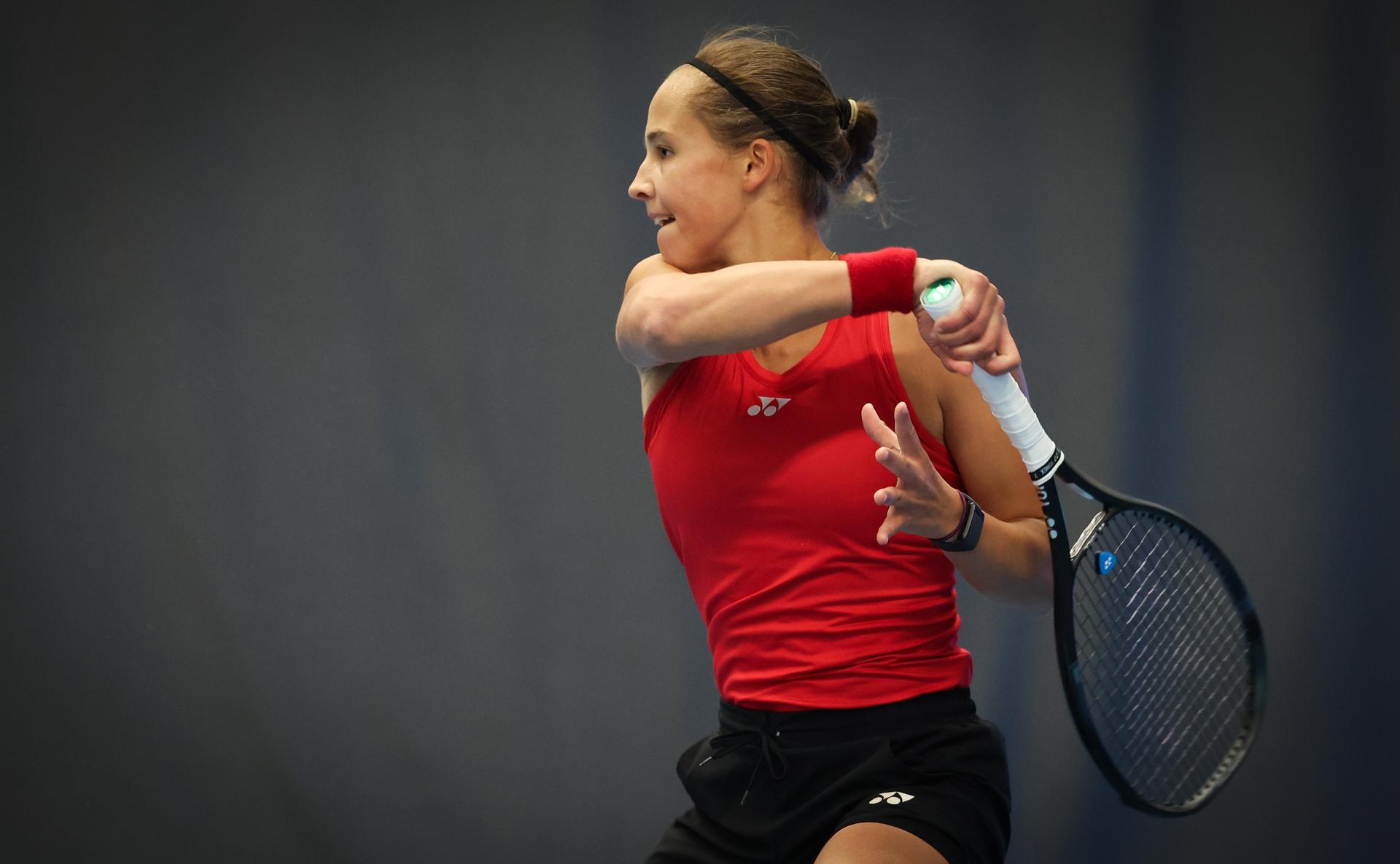 Belgian Hanne Vandewinkel pictured in action during a tennis match against Greek Grammatikopoulou, in the qualifiers of the Billie Jean King Cup tennis, in Vilnius, Lithuania on Tuesday 08 April 2025. PHOTO VIRGINIE LEFOUR